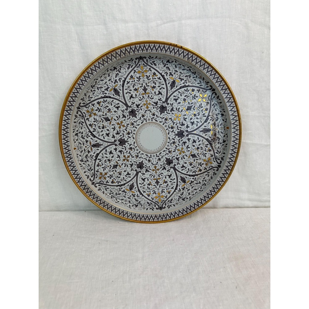 Vintage Venetian Metal Decorative Tray Round White Blue Gold Floral 13.5 Inch